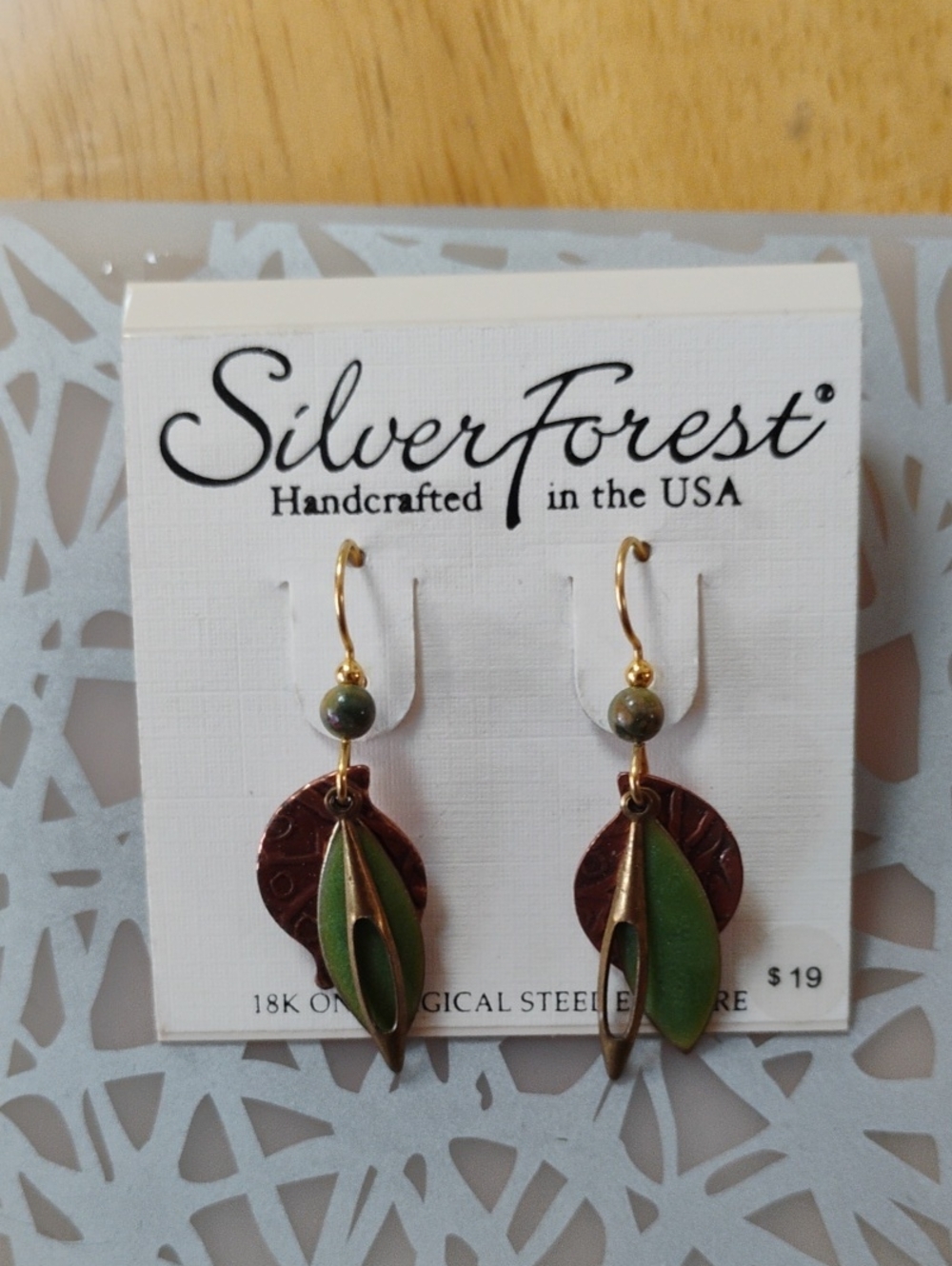 Silver Forest Green and Copper Leaf Dangle Earrings